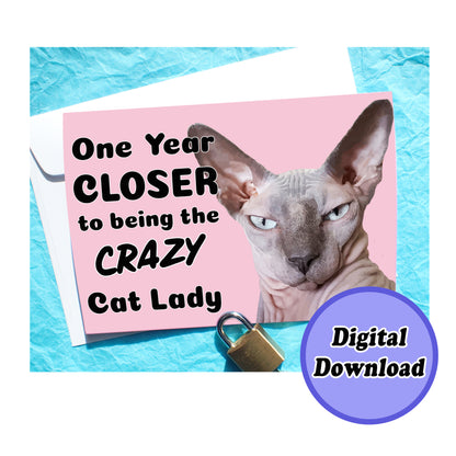 Instant Download Funny Crazy Sphynx Cat Birthday Card KimWestARt