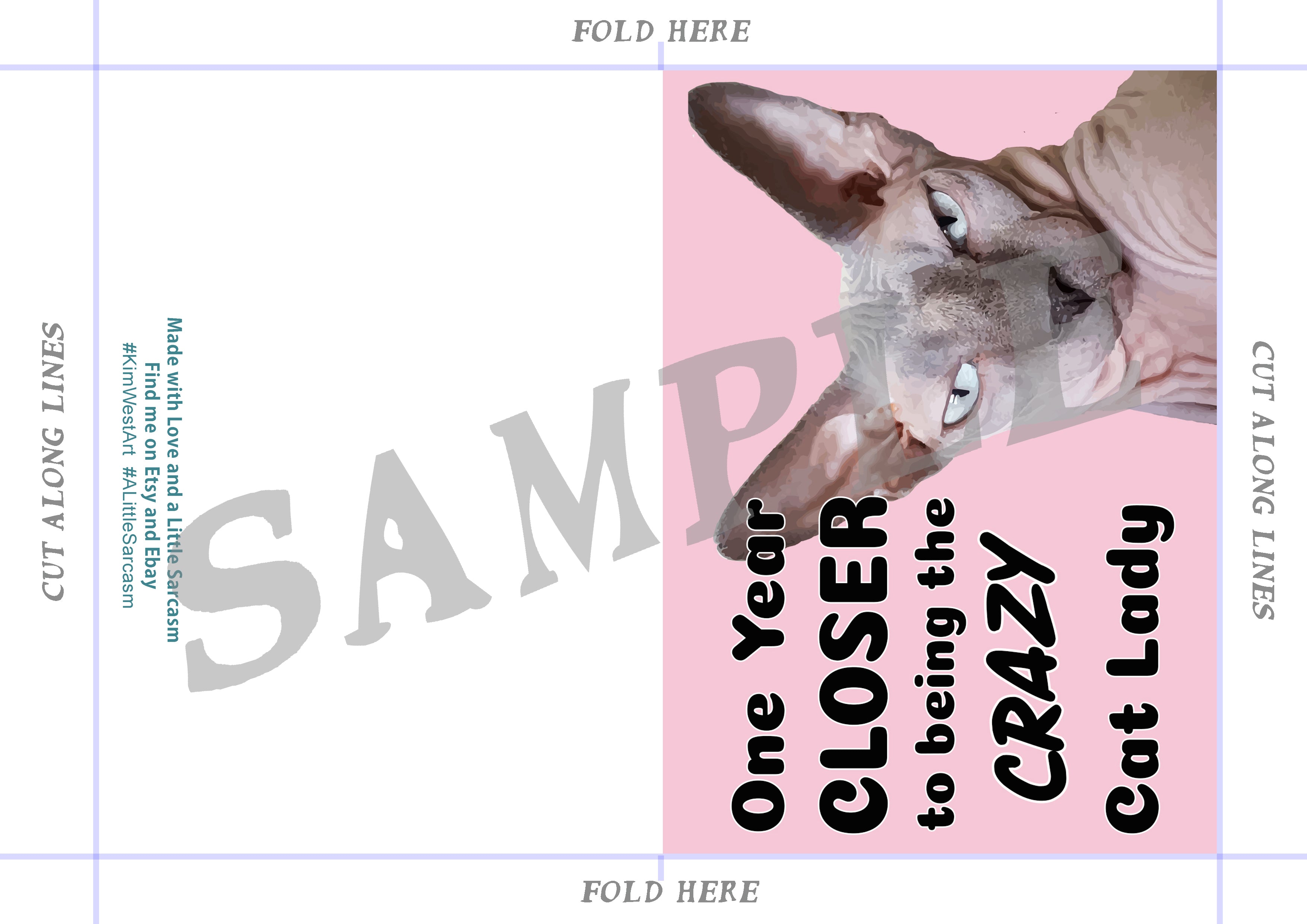 Instant Download Funny Crazy Sphynx Cat Birthday Card KimWestARt