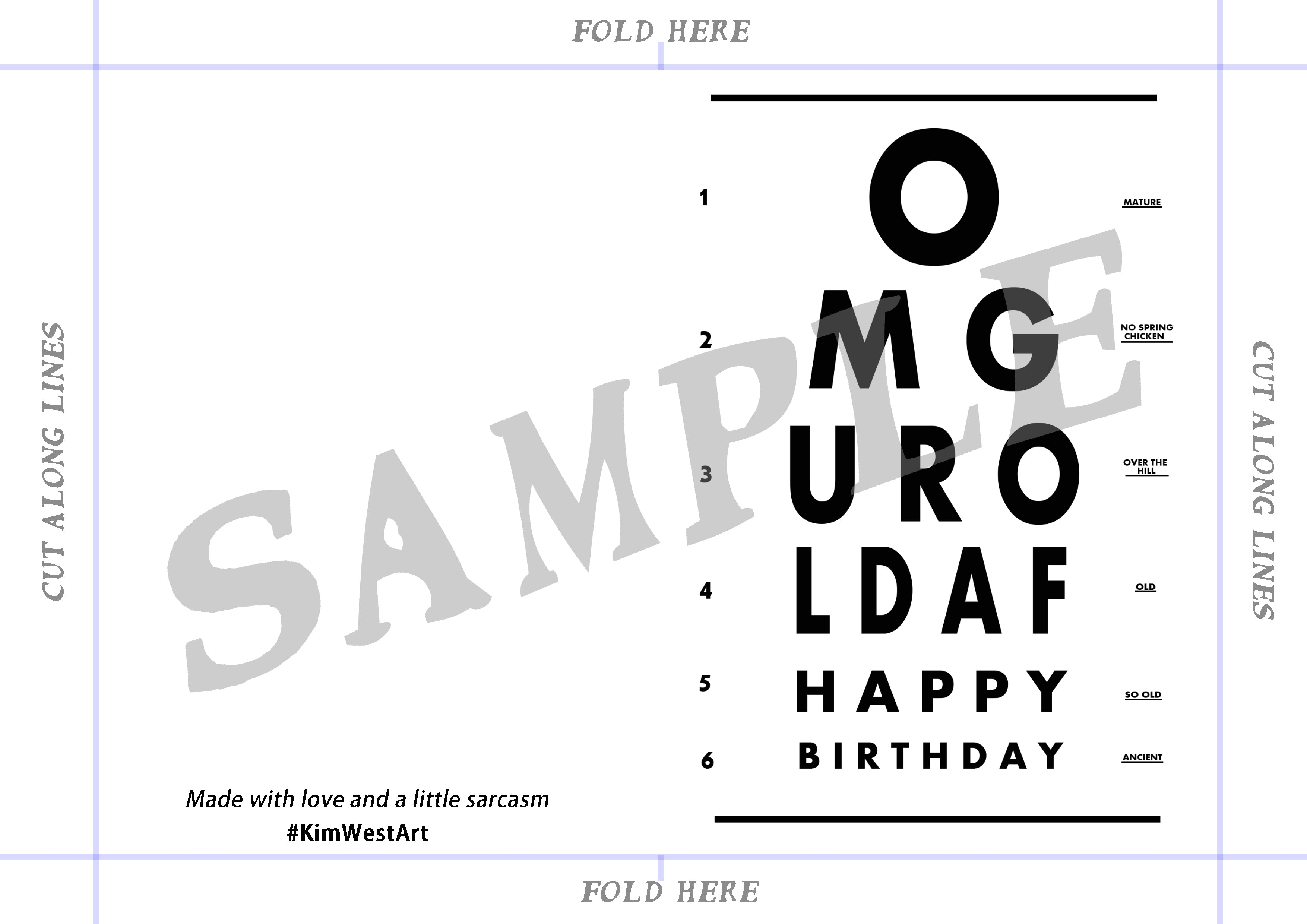 Insant Download Funny Eye Test Birthday Card KimWestARt