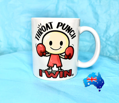 Rock, Paper, Scissors, Throat Punch, I Win Funny Coffee Mug KimWestART