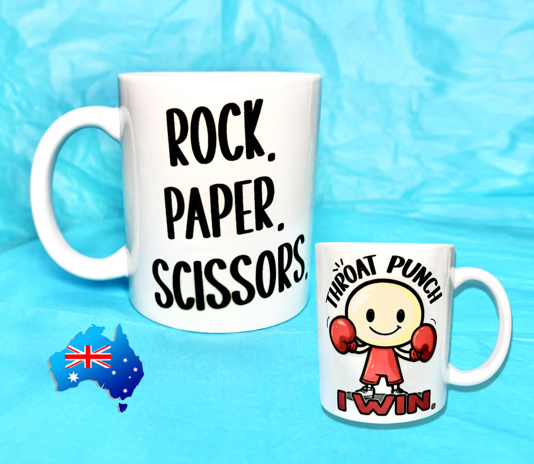 Rock, Paper, Scissors, Throat Punch, I Win Funny Coffee Mug KimWestART